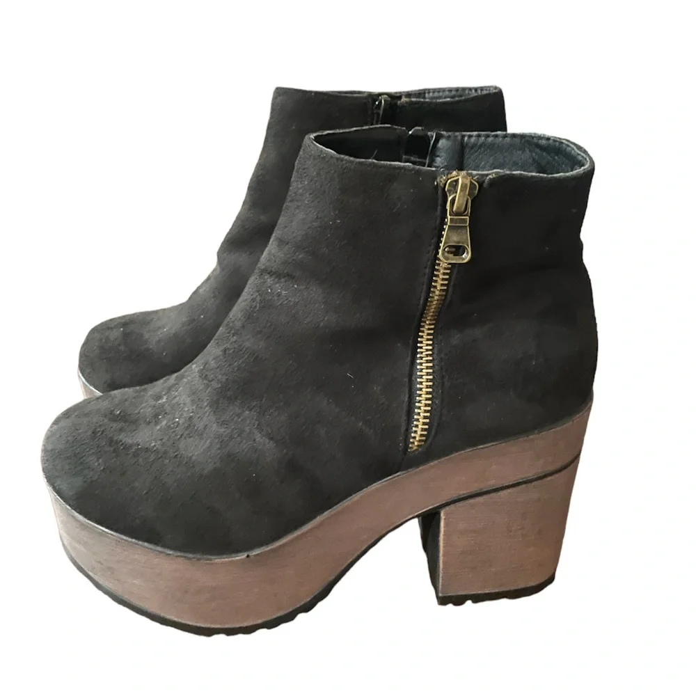 Black vegan suede platform ankle boots with gold zipper, light weight & comfy. - Picture 2 of 7